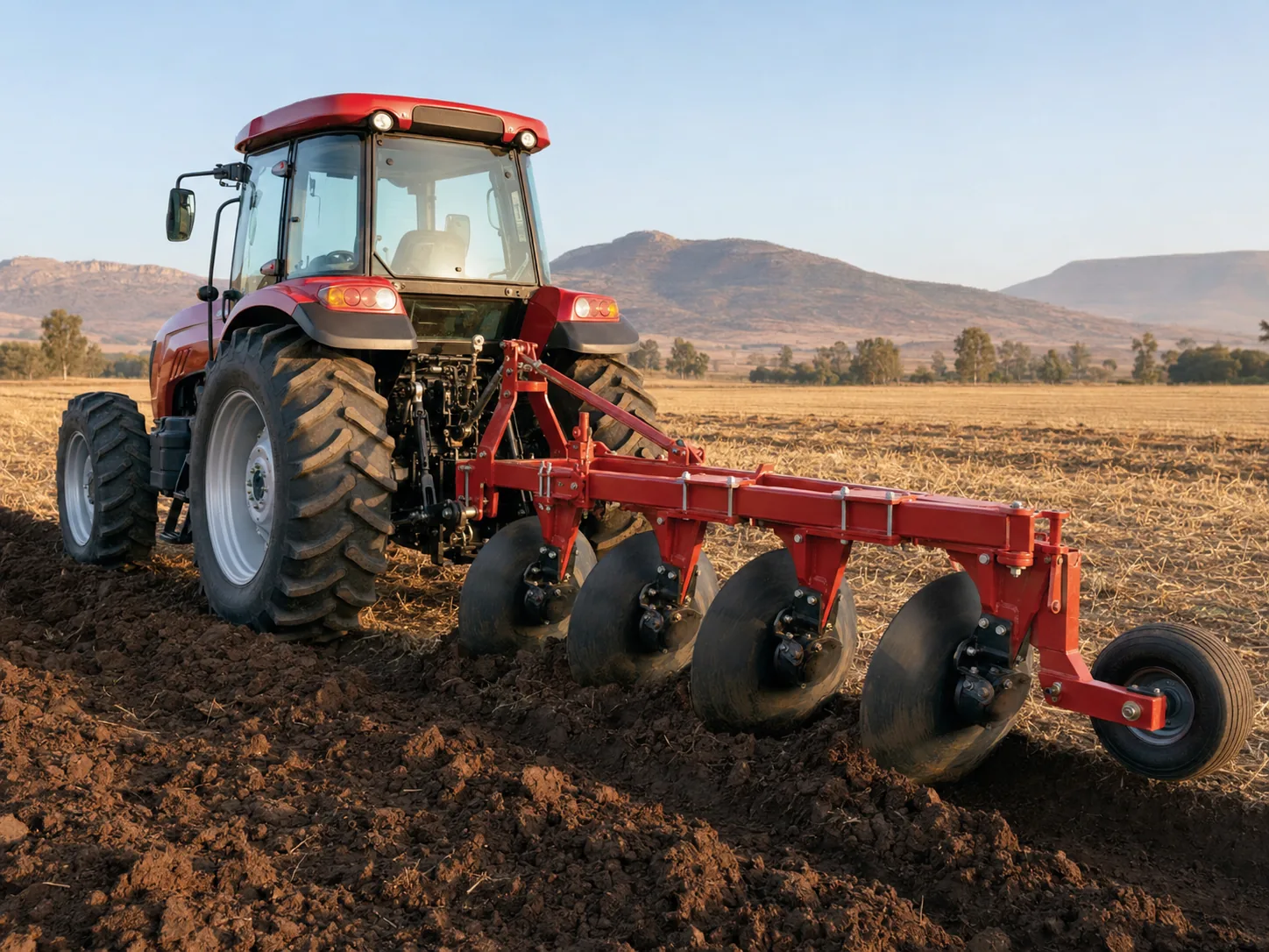 Disc plough working behind a tractor in field conditions