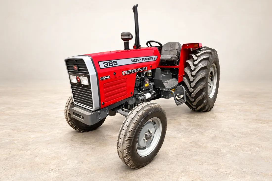 Red MF 385 2WD Deluxe tractor in a background-enhanced studio illustration